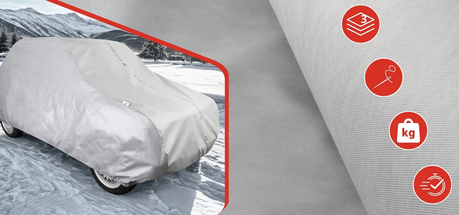 Na obrazie widoczny jest samochód pokryty szarym pokrowcem na tle zaśnieżonego krajobrazu górskiego. Obok znajduje się zbliżenie materiału pokrowca oraz ikony symbolizujące trzy warstwy, igłę z nitką, wagę i zegar.