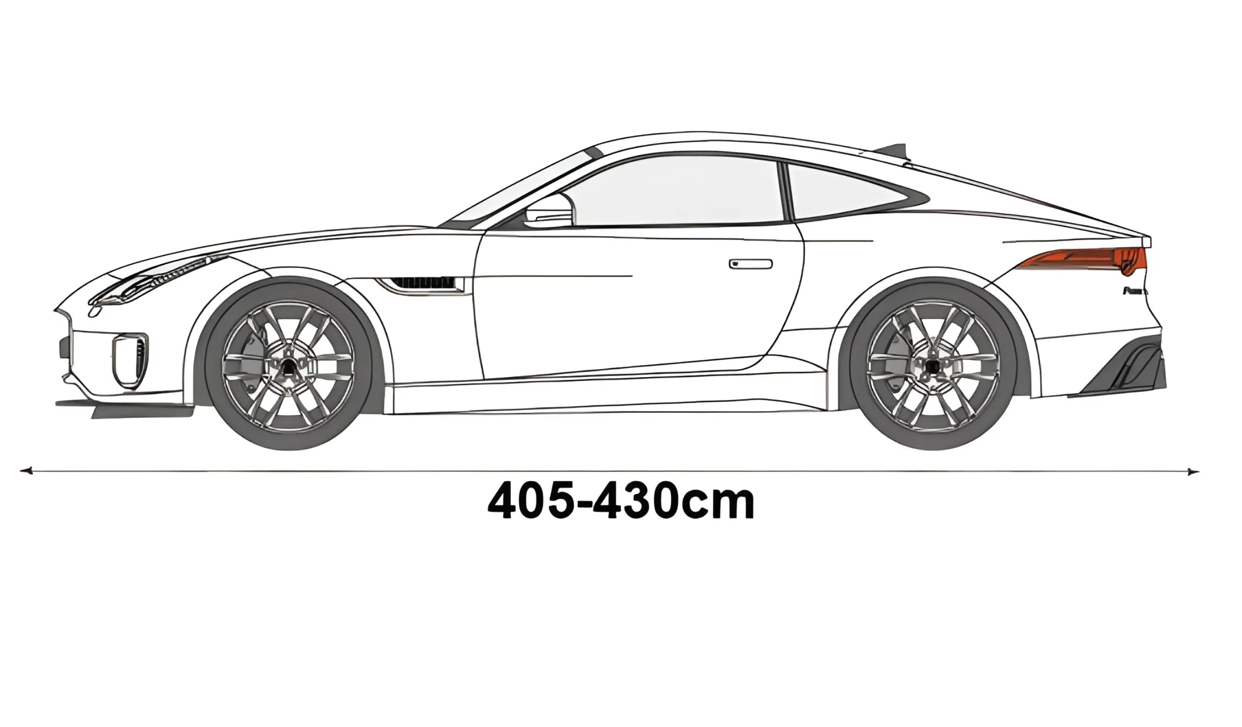 Ilustracja przedstawia zarys samochodu coupe z zaznaczonymi wymiarami 405-430 cm.