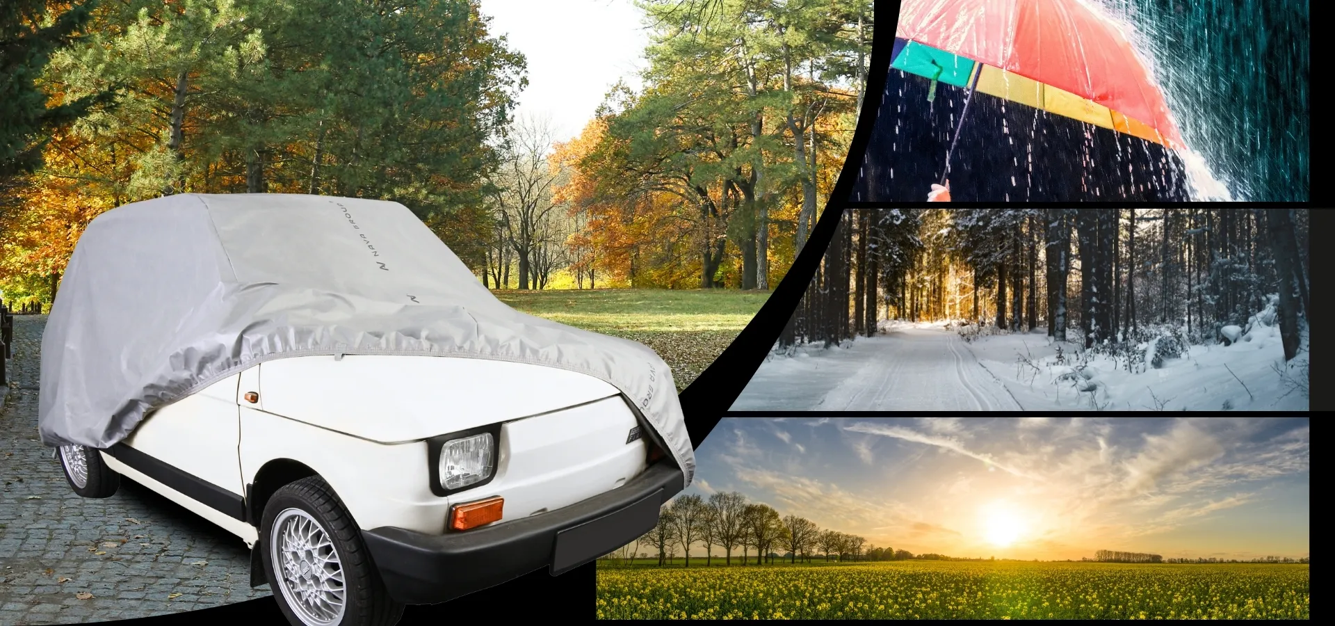 Na obrazie widoczny jest biały samochód Fiat 126p przykryty szarym pokrowcem, stojący na tle jesiennego parku. Obok znajdują się trzy zdjęcia przedstawiające parasol w deszczu, zaśnieżoną leśną drogę oraz pole z zachodzącym słońcem.