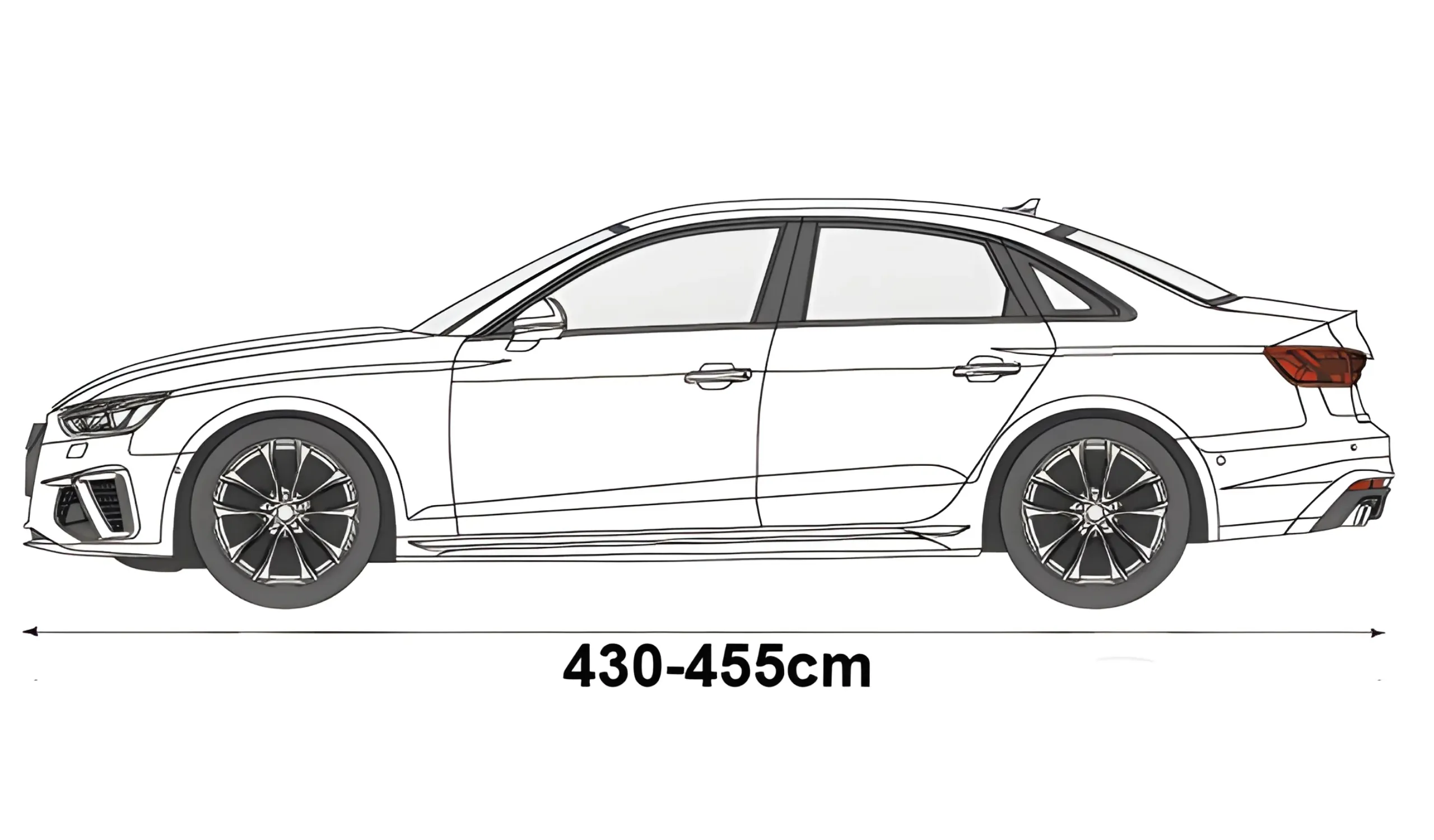 Ilustracja przedstawia zarys samochodu sedan z zaznaczonymi wymiarami 430-455 cm.