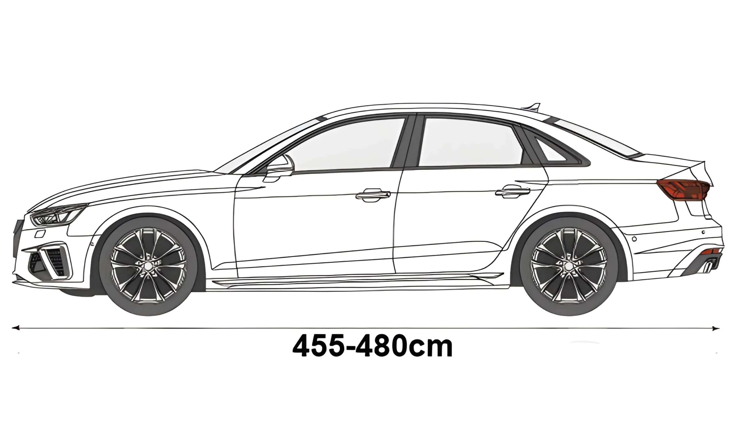 Ilustracja przedstawia zarys samochodu sedan z zaznaczonymi wymiarami 430-455 cm.