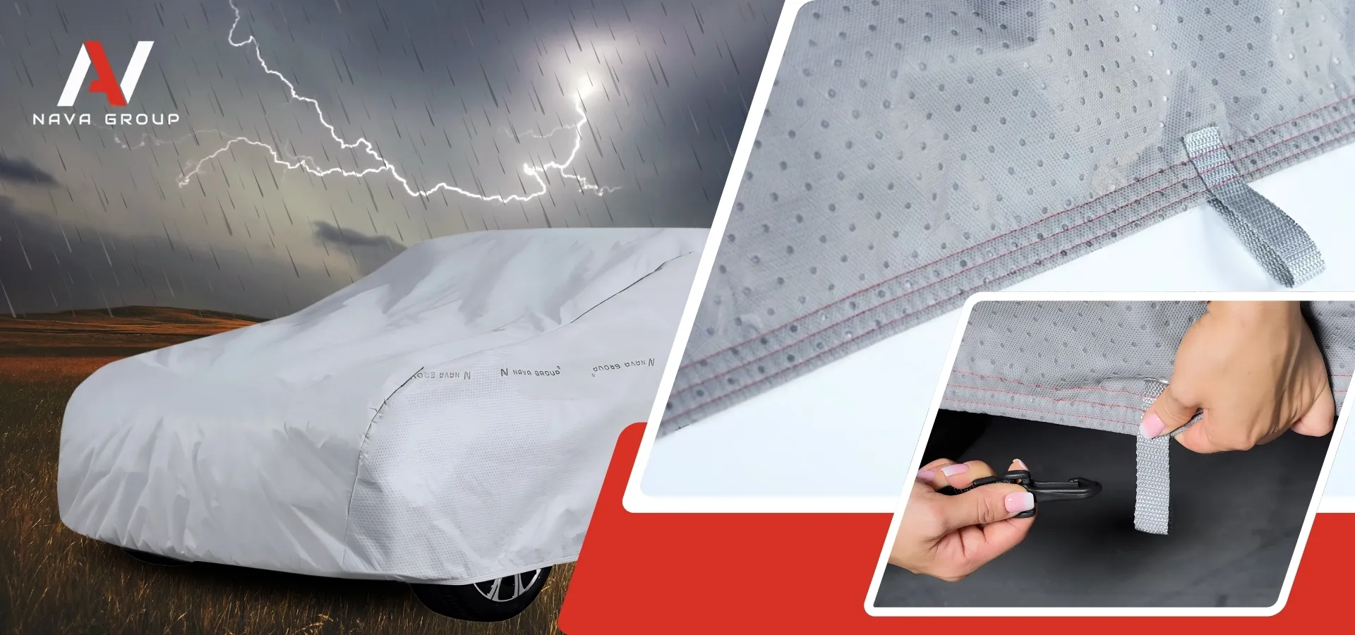 Obraz przedstawia samochód pokryty białym pokrowcem przeciwgradowym na tle burzowego nieba z błyskawicami. W prawym dolnym rogu widoczne są zbliżenia na materiał pokrowca i rękę trzymającą pasek z klamrą.