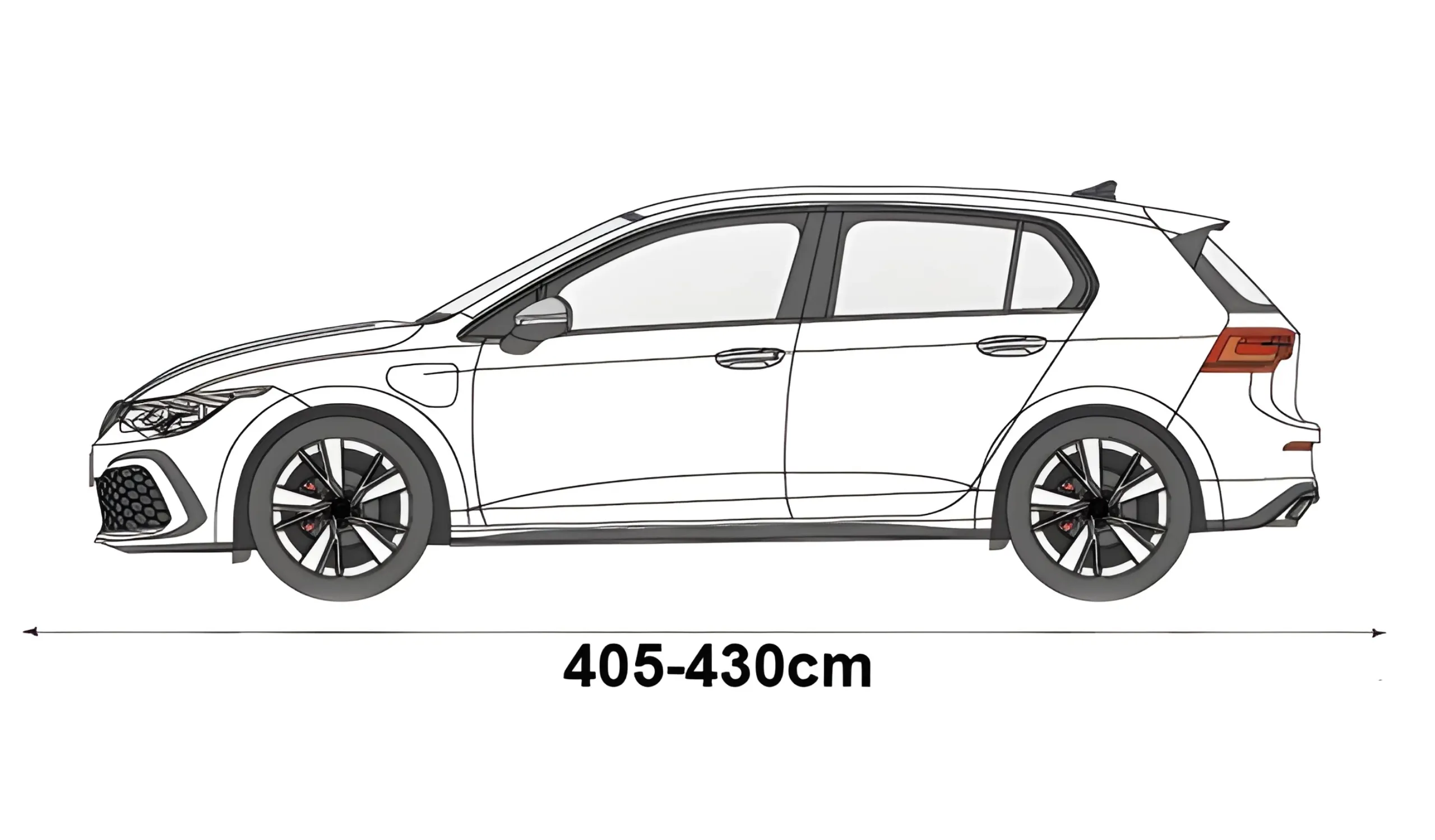 Ilustracja przedstawia zarys samochodu typu hatchback z zaznaczonymi wymiarami 405-430 cm.