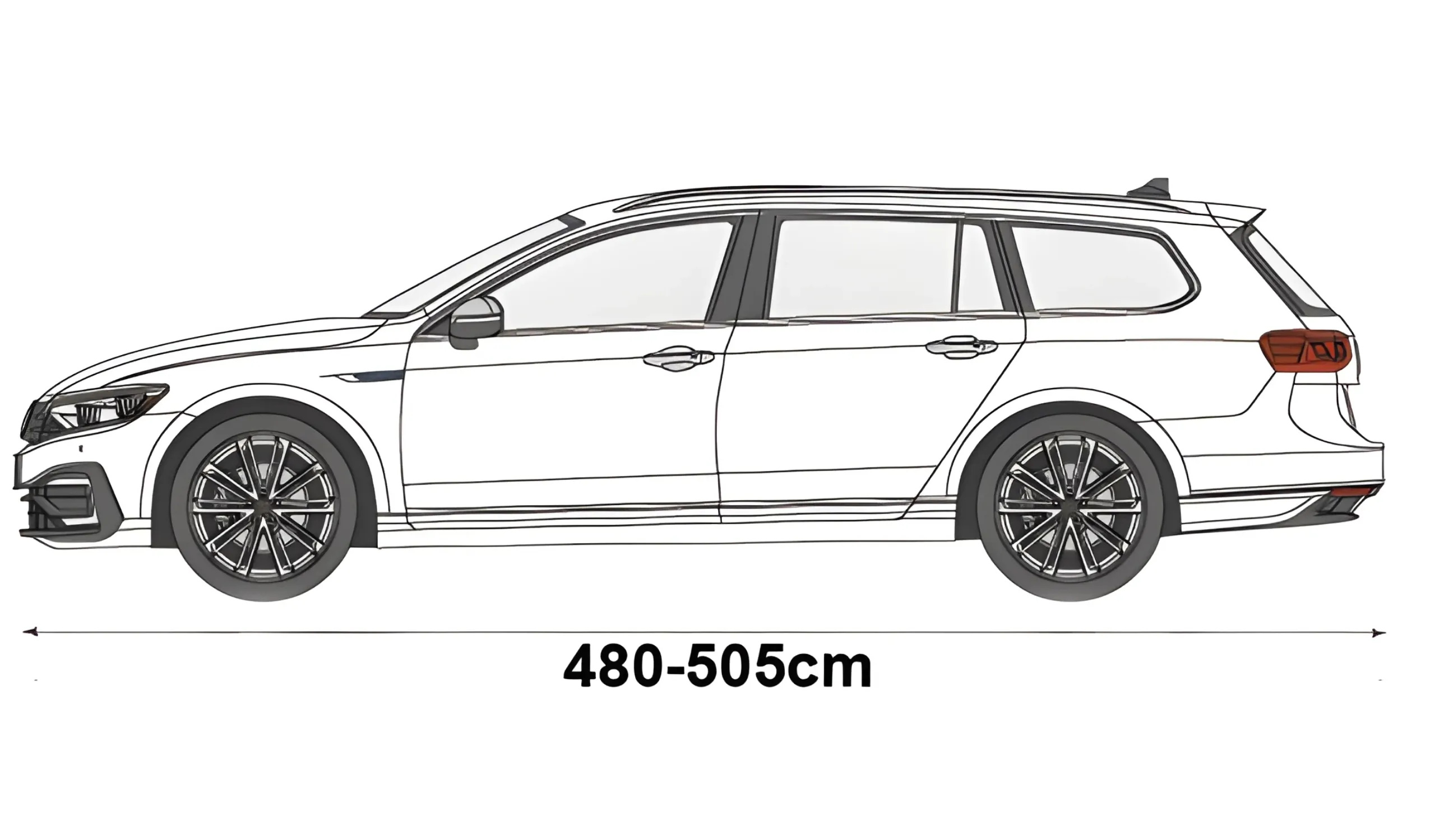 Ilustracja przedstawia samochód kombi z zaznaczonym wymiarem długości 480-505 cm.