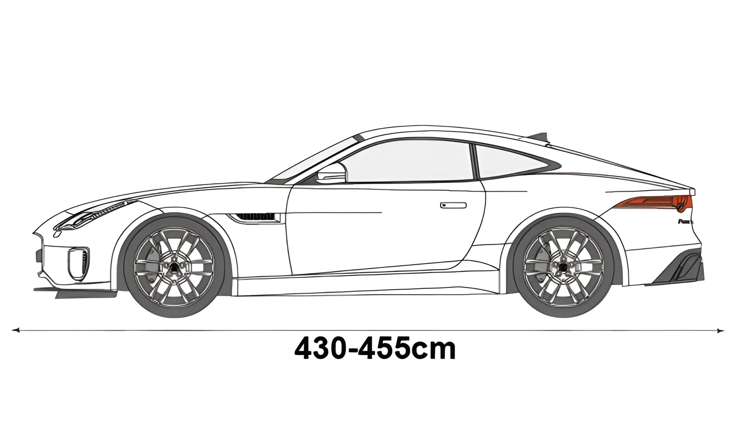 Ilustracja przedstawia zarys samochodu coupe z zaznaczonymi wymiarami 380-405 cm. Samochód jest pokazany z boku, z widocznymi szczegółami karoserii i kół.