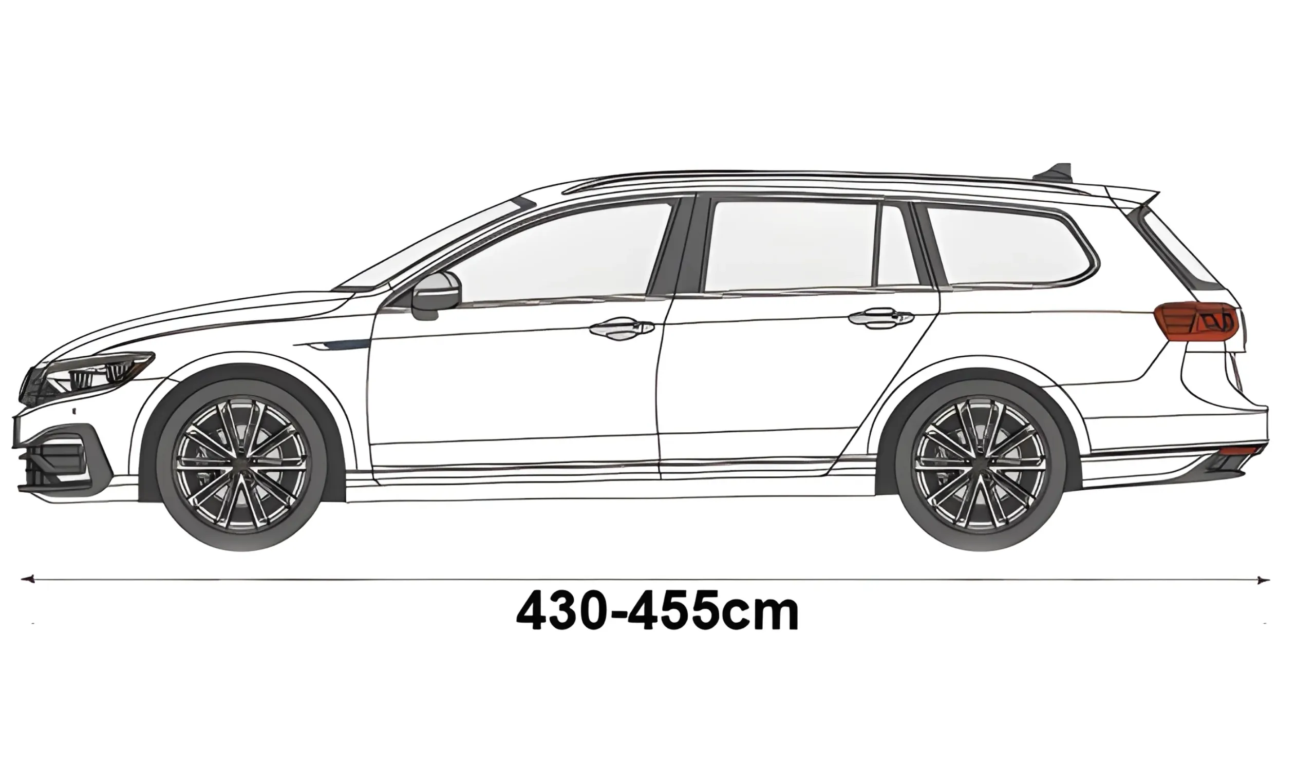 Ilustracja przedstawia kontur samochodu kombi z zaznaczoną długością 430-455 cm.