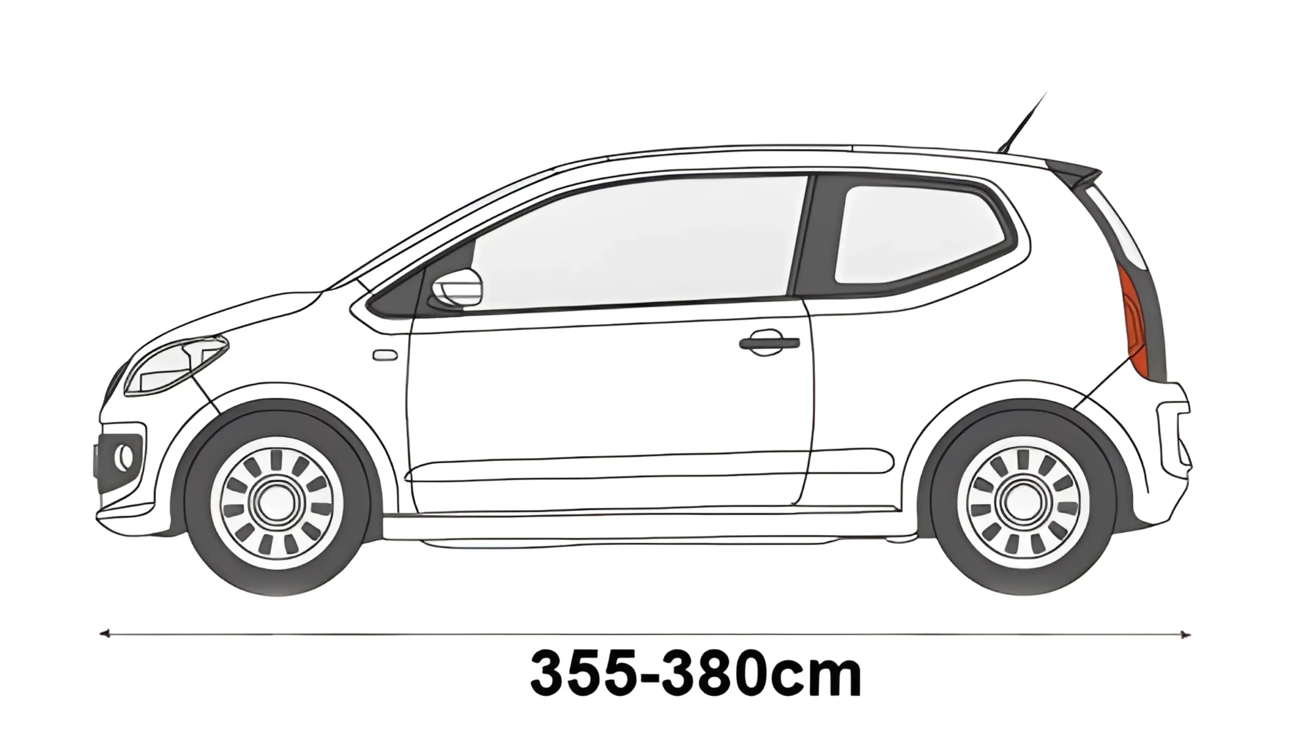 Ilustracja przedstawia zarys samochodu typu hatchback z zaznaczonymi wymiarami 280-305 cm.