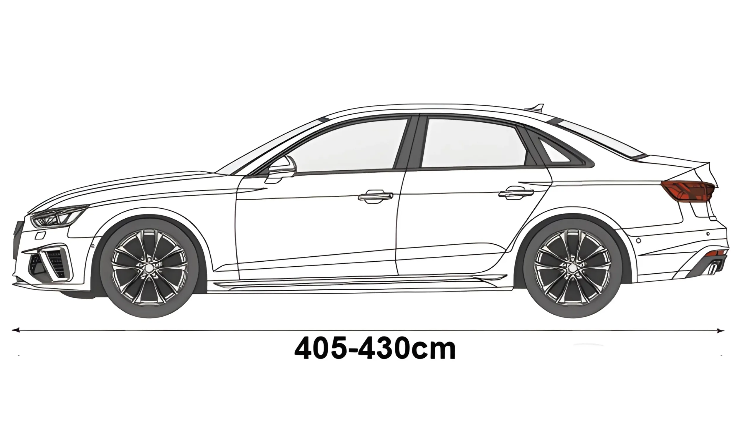 Ilustracja przedstawia zarys samochodu sedan z zaznaczonymi wymiarami 430-455 cm.