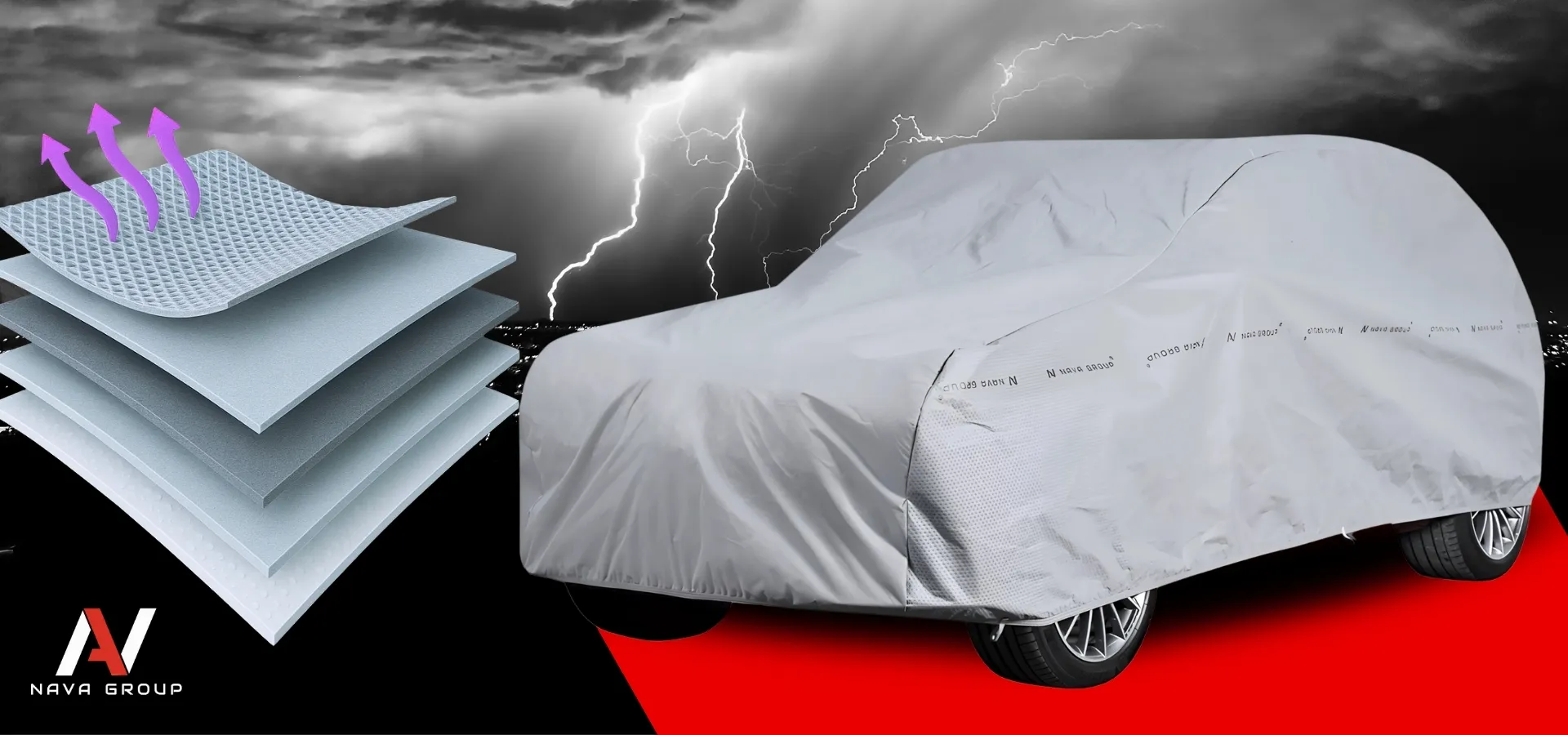 Obraz przedstawia samochód SUV pokryty szarym pokrowcem przeciwgradowym na tle burzowego nieba z błyskawicami. Po lewej stronie widoczna jest ilustracja warstw materiału z fioletowymi strzałkami oraz logo \'NAVA GROUP\'.