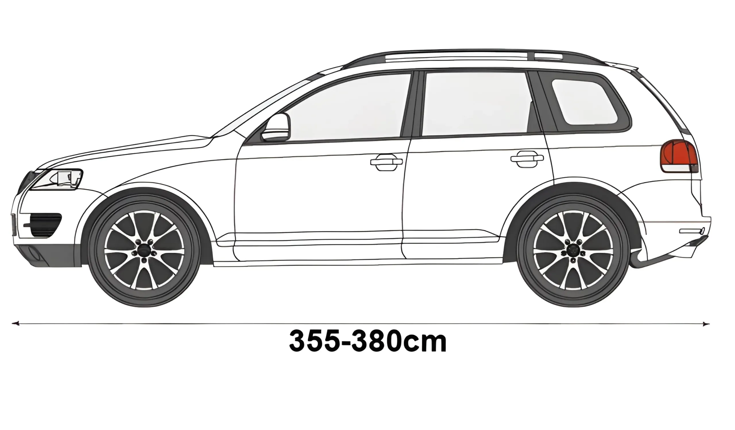 Ilustracja przedstawia zarys SUV-a z wymiarami 405-430 cm pod spodem. Samochód jest pokazany z boku, z widocznymi szczegółami kół i linii nadwozia.