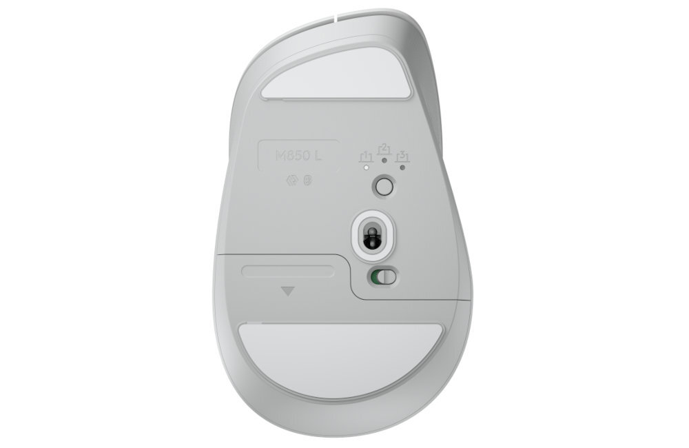 LOGITECH Signature Comfort Plus M850 L Funkcja Easy-Switch sparowanie myszy z trzema urządzeniami jednocześnie przełączanie się między nimi komputera, laptopa lub tabletu - mysz pionowo od spodu