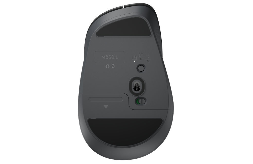 LOGITECH Signature Comfort Plus M850 L Funkcja Easy-Switch sparowanie myszy z trzema urządzeniami jednocześnie przełączanie się między nimi komputera, laptopa lub tabletu - mysz pionowo od spodu
