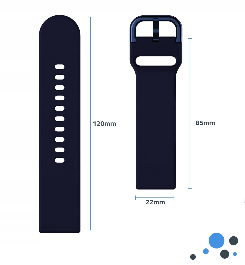 Obraz przedstawia niebieski pasek do smartwatcha z dwoma segmentami o długościach 120 mm i 85 mm oraz szerokości 22 mm. Pasek ma kilka otworów regulacyjnych i metalową klamrę.