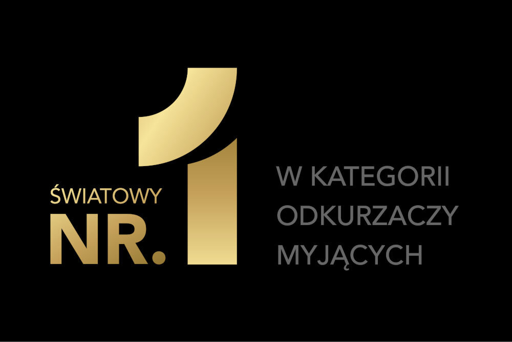 Na czarnym tle widoczny jest złoty numer 1 z napisem \'ŚWIATOWY NR. 1\' oraz tekst \'W KATEGORII ODKURZACZY MYJĄCYCH\'.