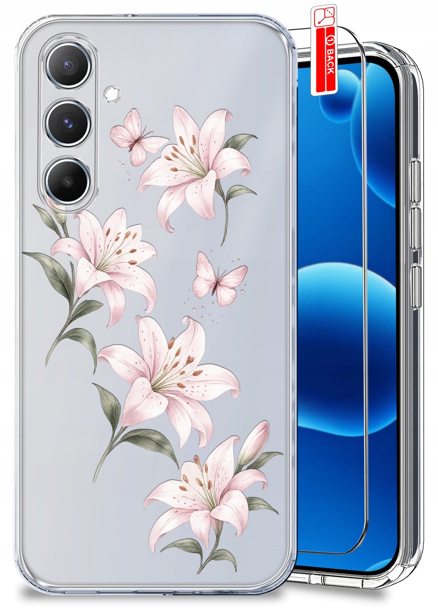 Przezroczyste etui na telefon z motywem różowych kwiatów i motyli. Obok znajduje się szkło ochronne z etykietą \'BACK\'.
