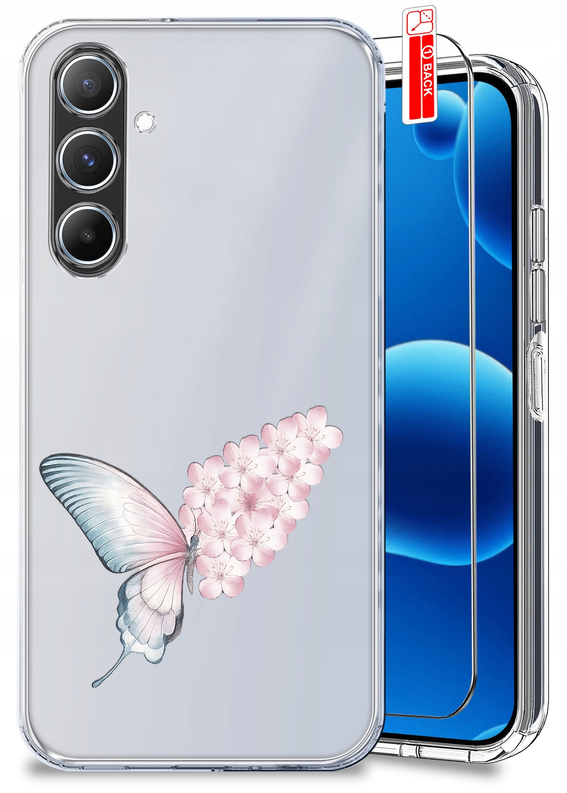 Przezroczyste etui na telefon z motywem motyla i różowych kwiatów. Obok znajduje się szkło ochronne z czerwoną naklejką z napisem \'BACK\'.
