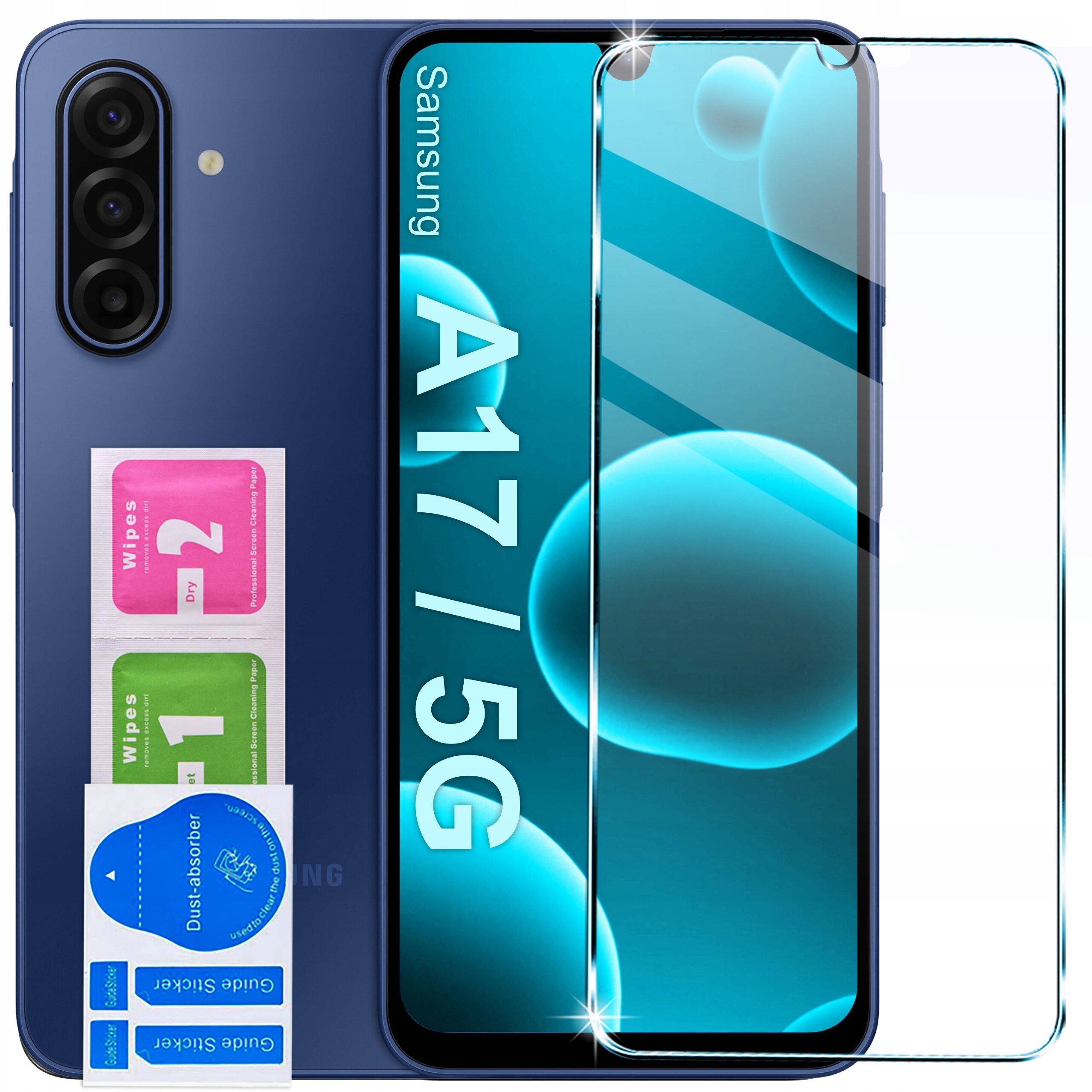 Na obrazie widoczny jest telefon Samsung A17 5G z nałożonym szkłem ochronnym. Obok znajdują się dwie saszetki z napisem \'Wipes 1\' i \'Wipes 2\' oraz naklejki \'Dust-absorber\' i \'Guide sticker\'.