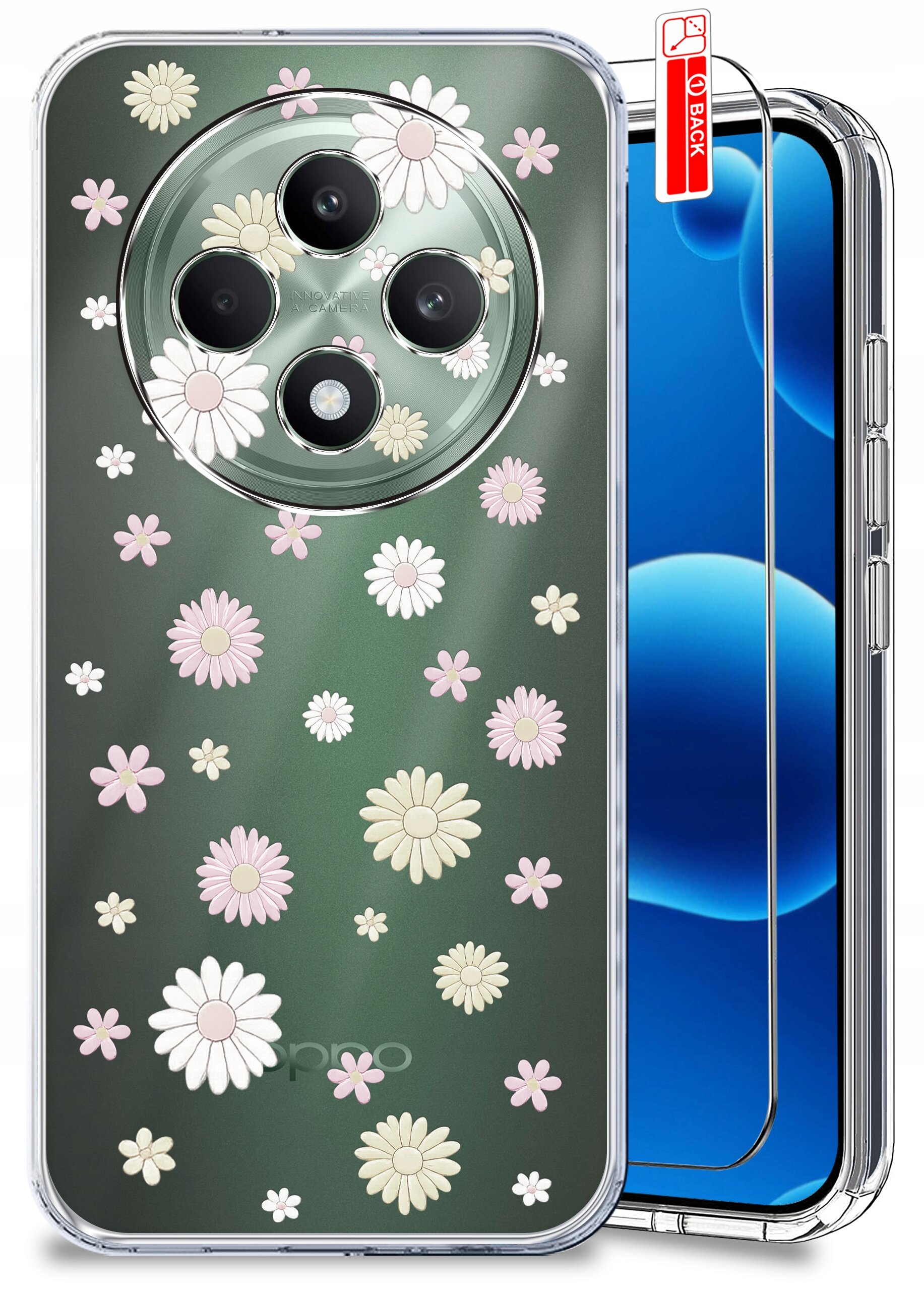 Etui na telefon z motywem wiosennych kwiatów w pastelowych kolorach, z widocznymi czterema otworami na aparaty. Obok znajduje się szkło ochronne z czerwoną naklejką z napisem \'BACK\'.