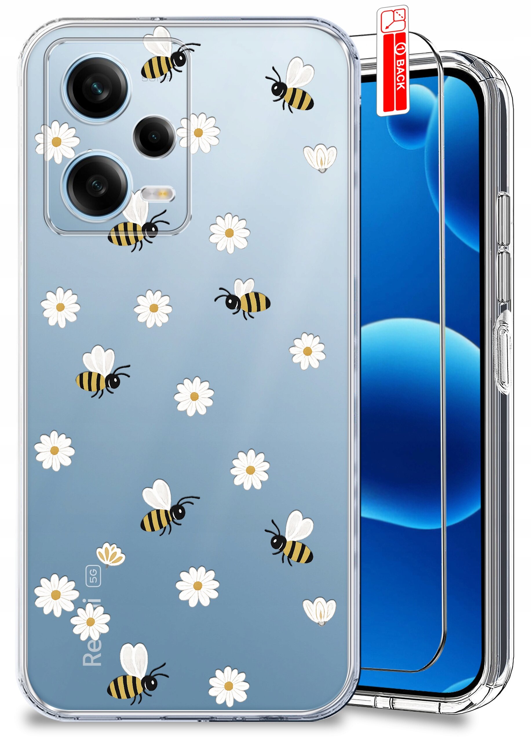 Przezroczyste etui na telefon z wzorem pszczół i kwiatów stokrotek. Obok etui znajduje się szkło ochronne z czerwoną naklejką \'BACK\'.