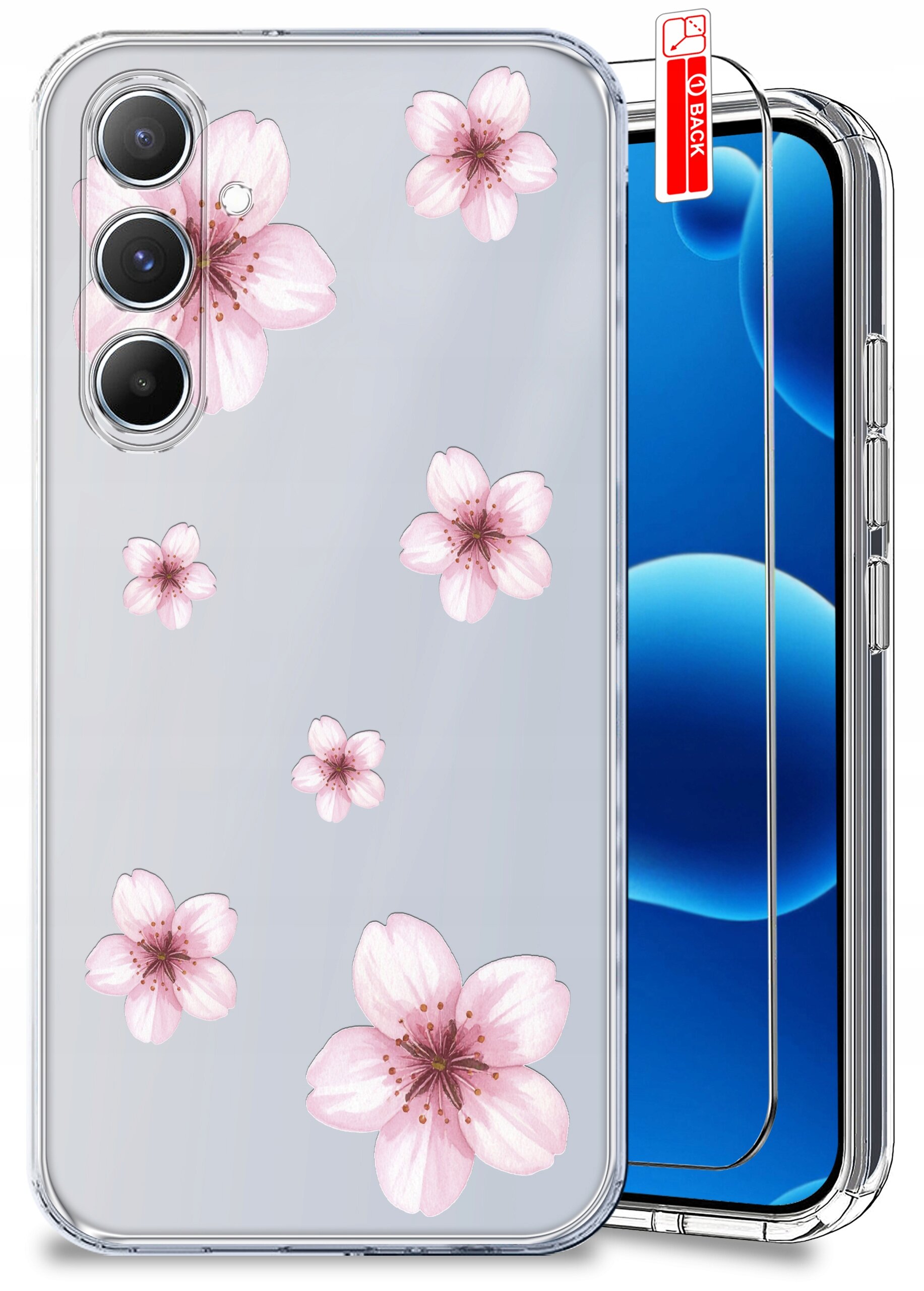 Przezroczyste etui na telefon z nadrukiem różowych kwiatów, obok znajduje się szkło ochronne z czerwoną naklejką \'BACK\'.
