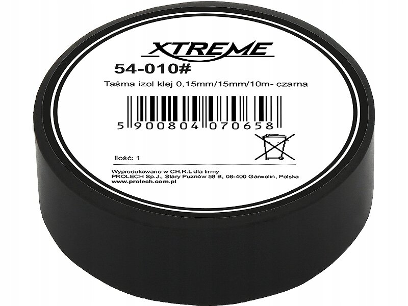 Czarna taśma izolacyjna z etykietą zawierającą tekst: \'XTREME 54-010# Taśma izol klej 0,15mm/15mm/10m- czarna\'. Widoczny jest kod kreskowy oraz informacja o producencie: \'Wyprodukowano w CH.R.L dla firmy PROLECH Sp.j., Stary Puznów 58 B, 08-400 Garwolin, Polska\'.