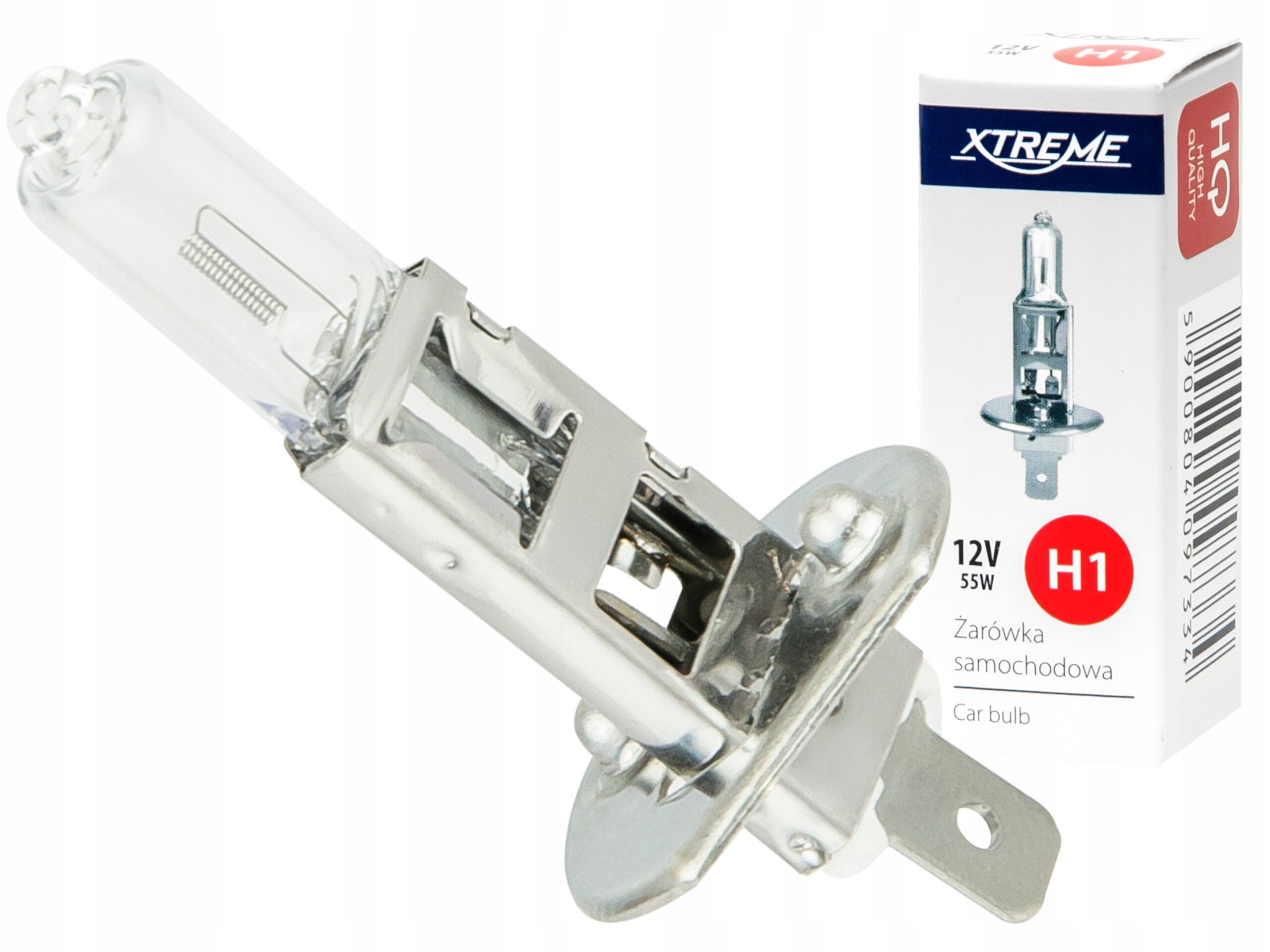 Obraz przedstawia żarówkę samochodową halogenową H1 oraz jej opakowanie z napisem \'XTREME\'. Na opakowaniu widnieje tekst: \'12V 55W Żarówka samochodowa Car bulb\'.