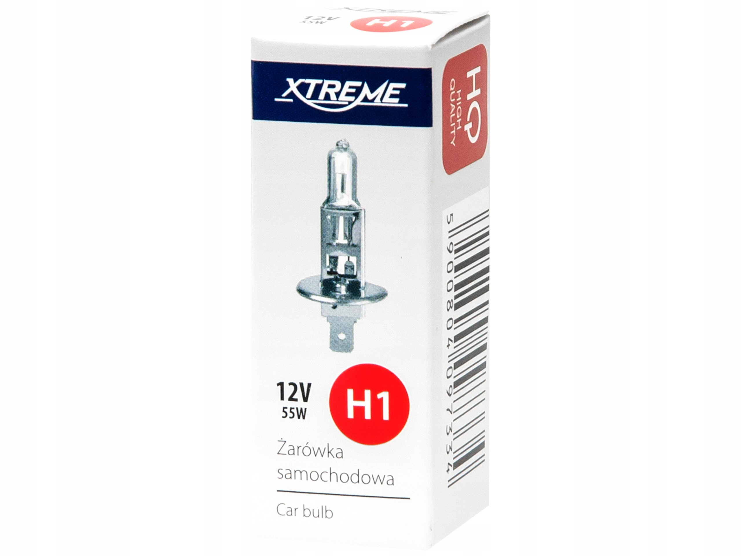 Opakowanie żarówki samochodowej z napisem \'XTREME\' oraz oznaczeniami \'12V 55W\', \'H1\', \'Żarówka samochodowa\', \'Car bulb\'.