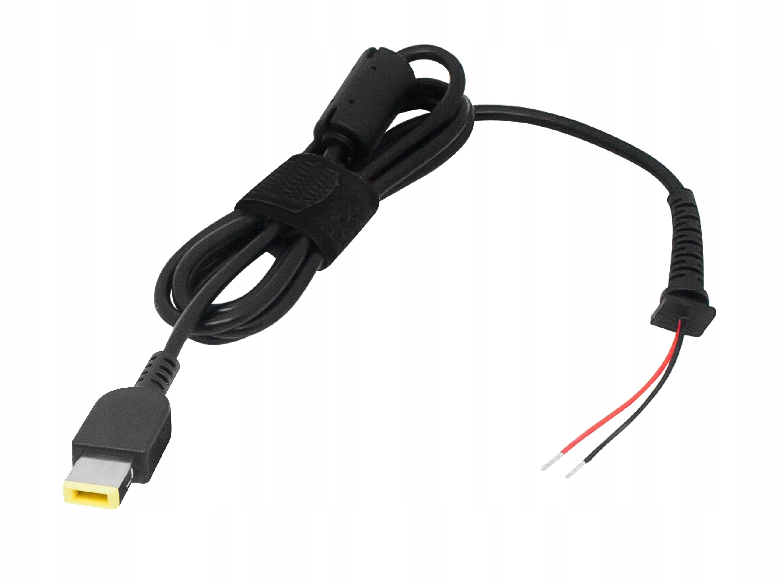 Czarny kabel zasilacza z żółtą końcówką i dwoma odsłoniętymi przewodami na jednym końcu. Kabel jest zwinięty i zabezpieczony rzepem.