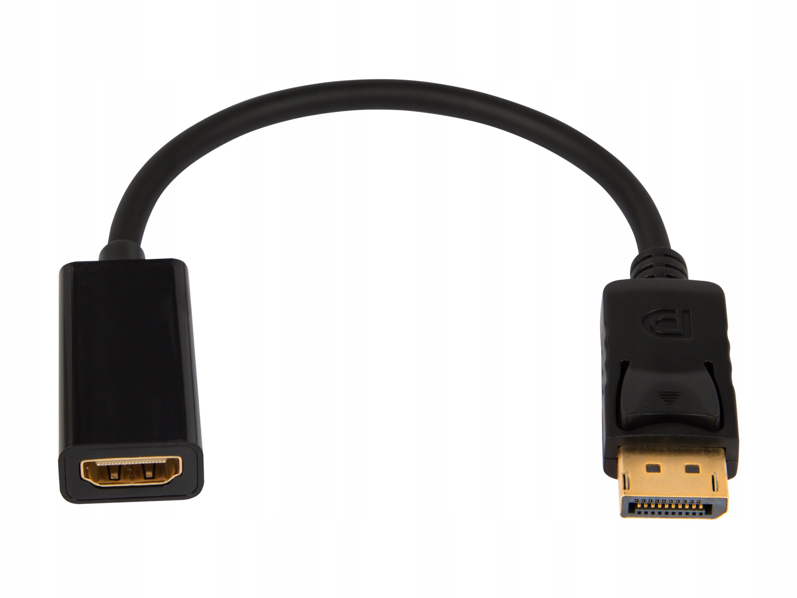 Czarny kabel z końcówkami HDMI i DisplayPort, z widocznym logo \'DP\' na jednej z wtyczek.