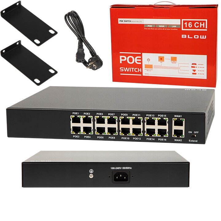 Na obrazie znajduje się czarny switch z 16 portami POE i dwoma portami WAN, obok którego leżą dwa uchwyty montażowe, kabel zasilający oraz czerwone pudełko z napisem \'POE SWITCH\'. Na pudełku widnieje również napis \'16 CH BLOW\'.