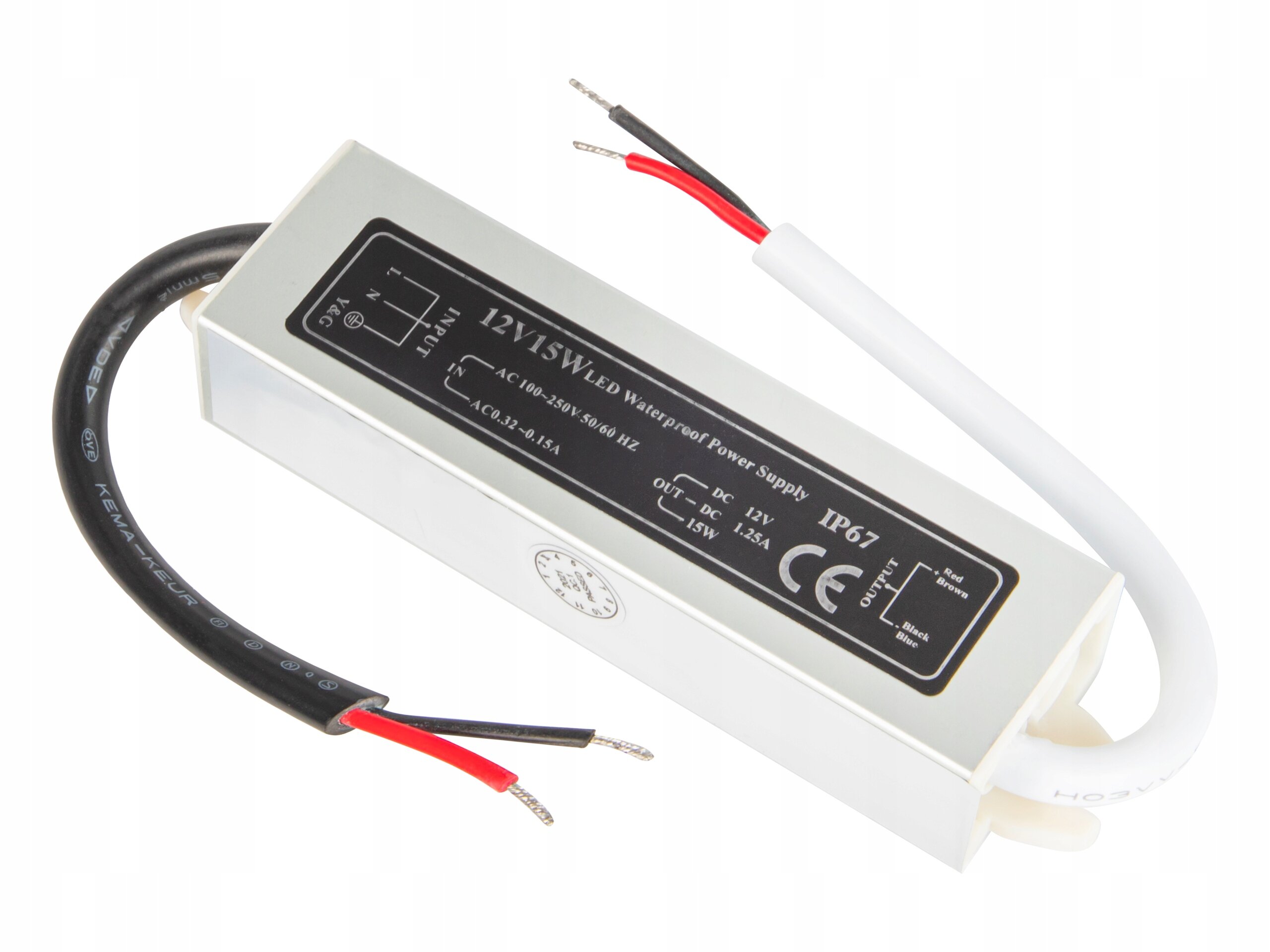 Prostokątny zasilacz LED z oznaczeniami: \'12V/15W LED Waterproof Power Supply IP67\', \'AC 100-250V 50/60 Hz\', \'DC 12V 1.25A 15W\'. Widoczne są cztery przewody: dwa czarne i dwa czerwone.