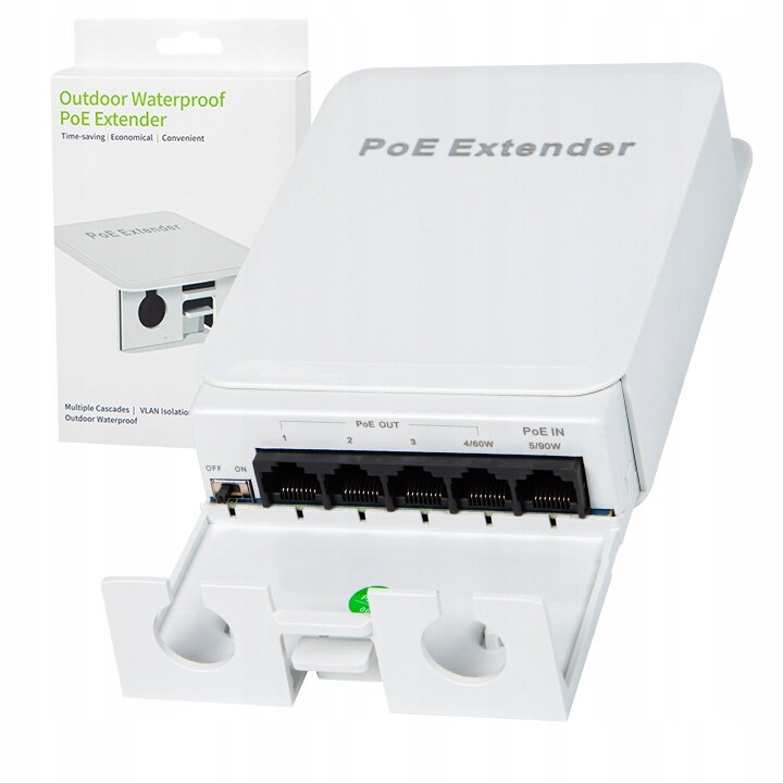 Na obrazie widoczny jest biały PoE Extender z pięcioma portami, z czego jeden oznaczony jako PoE IN i cztery jako PoE OUT. Obok urządzenia znajduje się opakowanie z napisem \'Outdoor Waterproof PoE Extender\'.