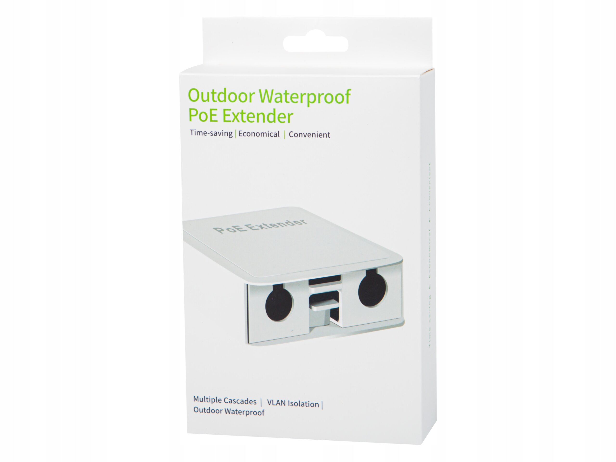 Opakowanie produktu z napisem \'Outdoor Waterproof PoE Extender\'. Widoczny jest również tekst: \'Time-saving | Economical | Convenient\' oraz \'Multiple Cascades | VLAN Isolation | Outdoor Waterproof\'.