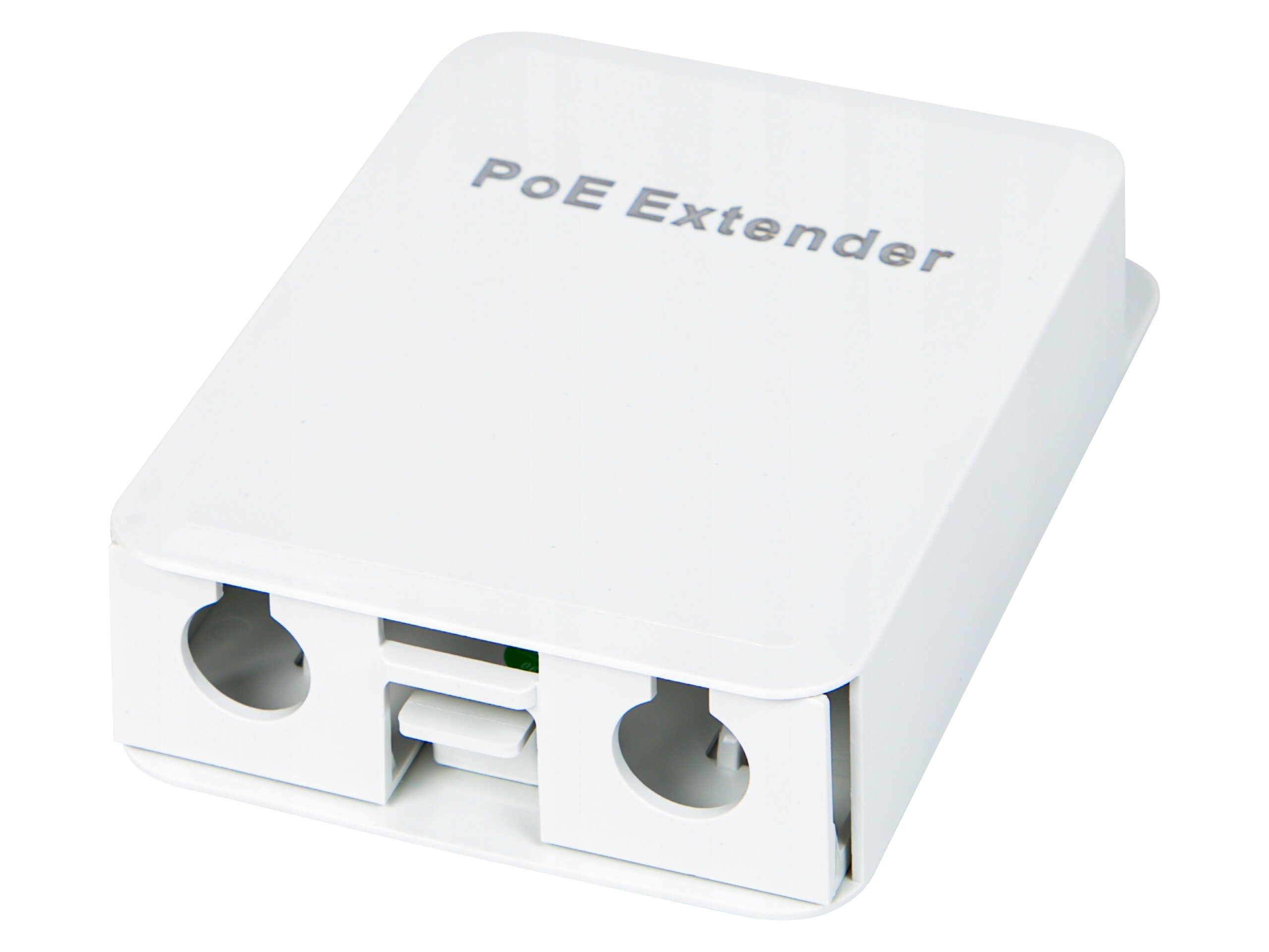 Biały PoE Extender z widocznym napisem \'PoE Extender\' na górnej powierzchni. Urządzenie ma dwa okrągłe otwory na przedniej części obudowy.