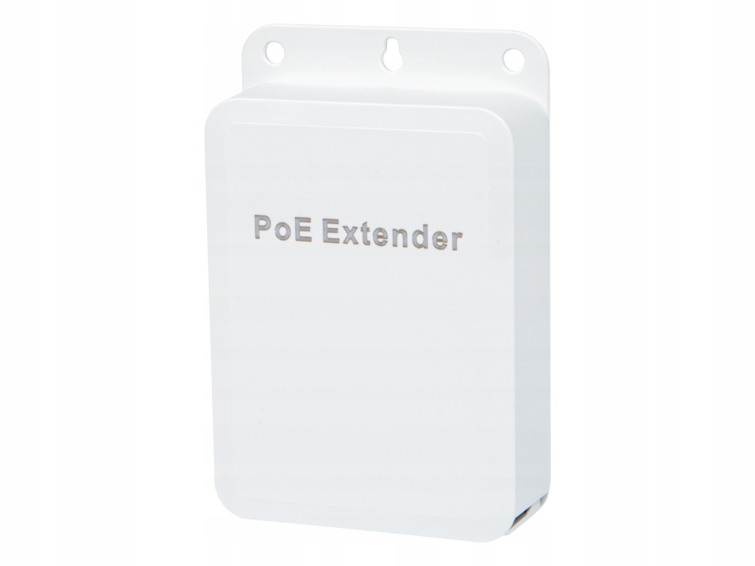Biały prostokątny PoE Extender z napisem \'PoE Extender\' na przedniej stronie. Urządzenie posiada otwory montażowe na górze.