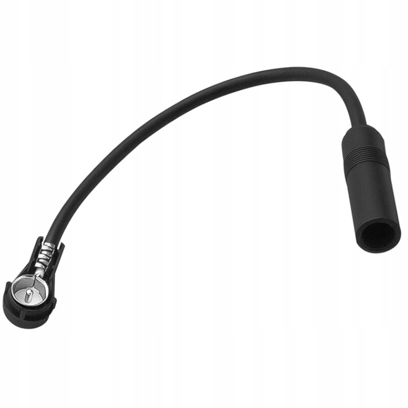 Na obrazie widoczny jest czarny adapter antenowy z jednym końcem zakończonym metalowym wtykiem, a drugim plastikowym gniazdem.