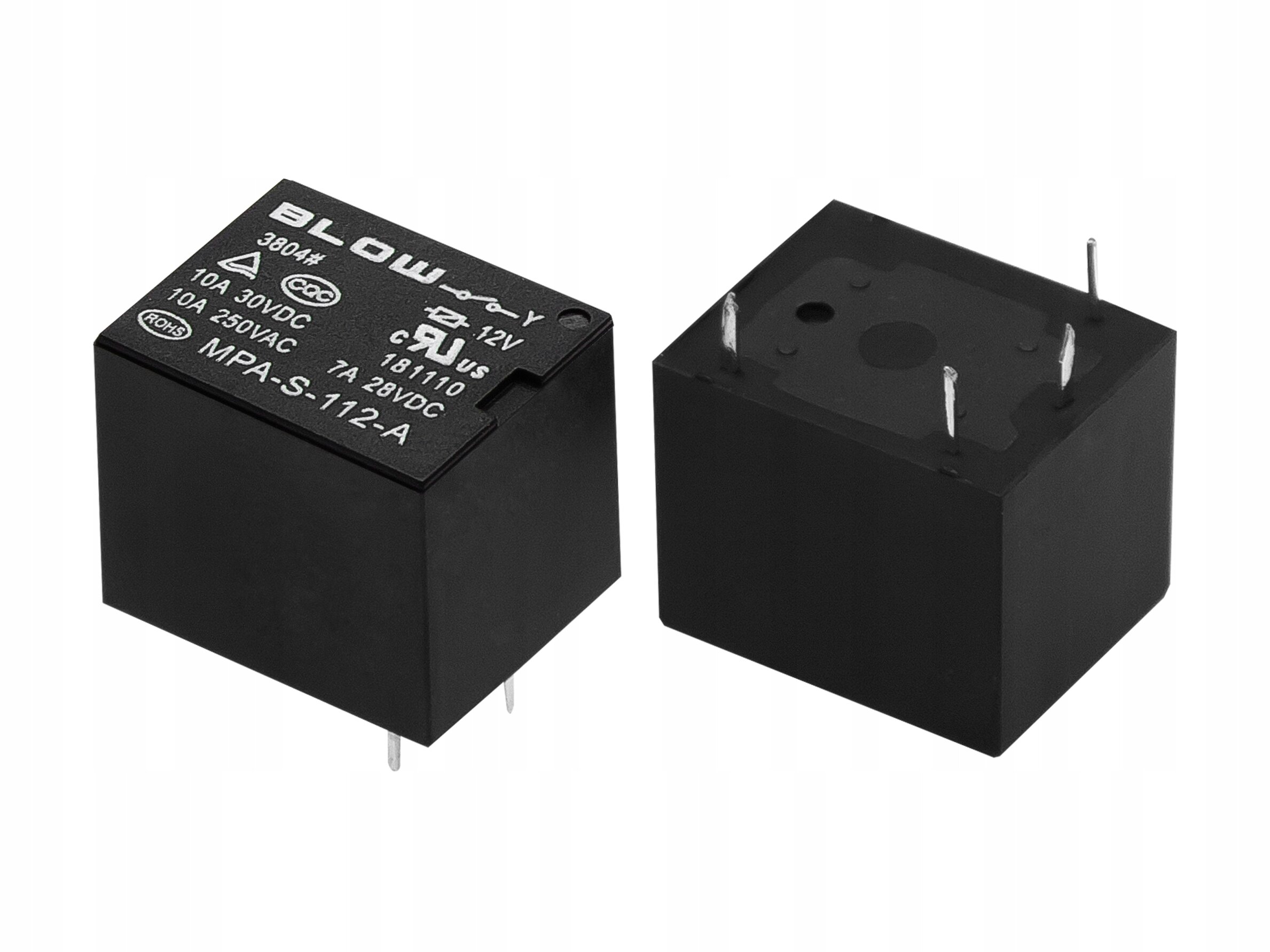 Dwa czarne przekaźniki z widocznymi metalowymi pinami. Na jednym z nich widoczny jest tekst: \'BLOW 12V 10A 30VDC 10A 250VAC MPA-S-112-A\'.