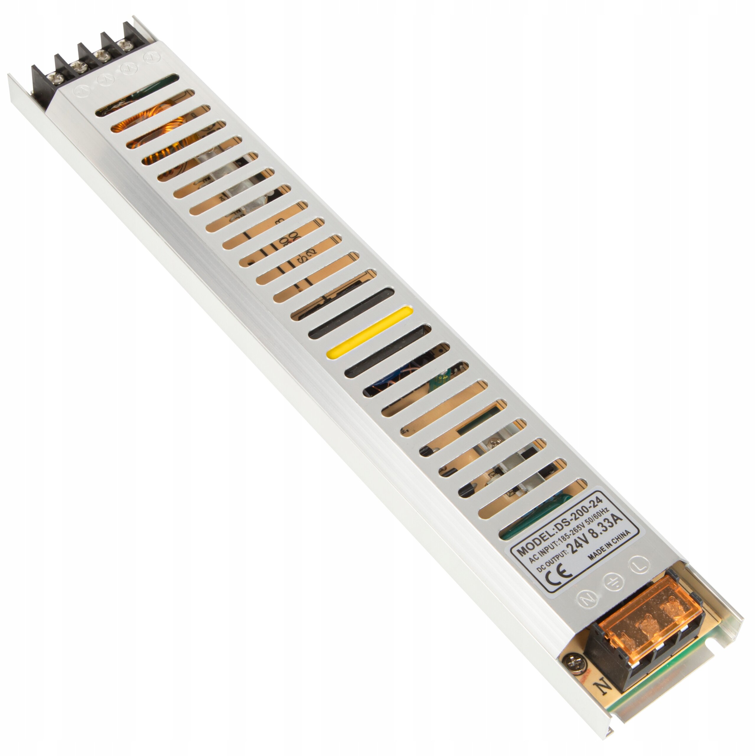 Prostokątny zasilacz modułowy z metalową obudową i otworami wentylacyjnymi. Na obudowie widoczny jest napis: \'MODEL: LS-200-24, AC INPUT: 185-265V ~ 3.3A, DC OUTPUT: 24V 8.3A\'.