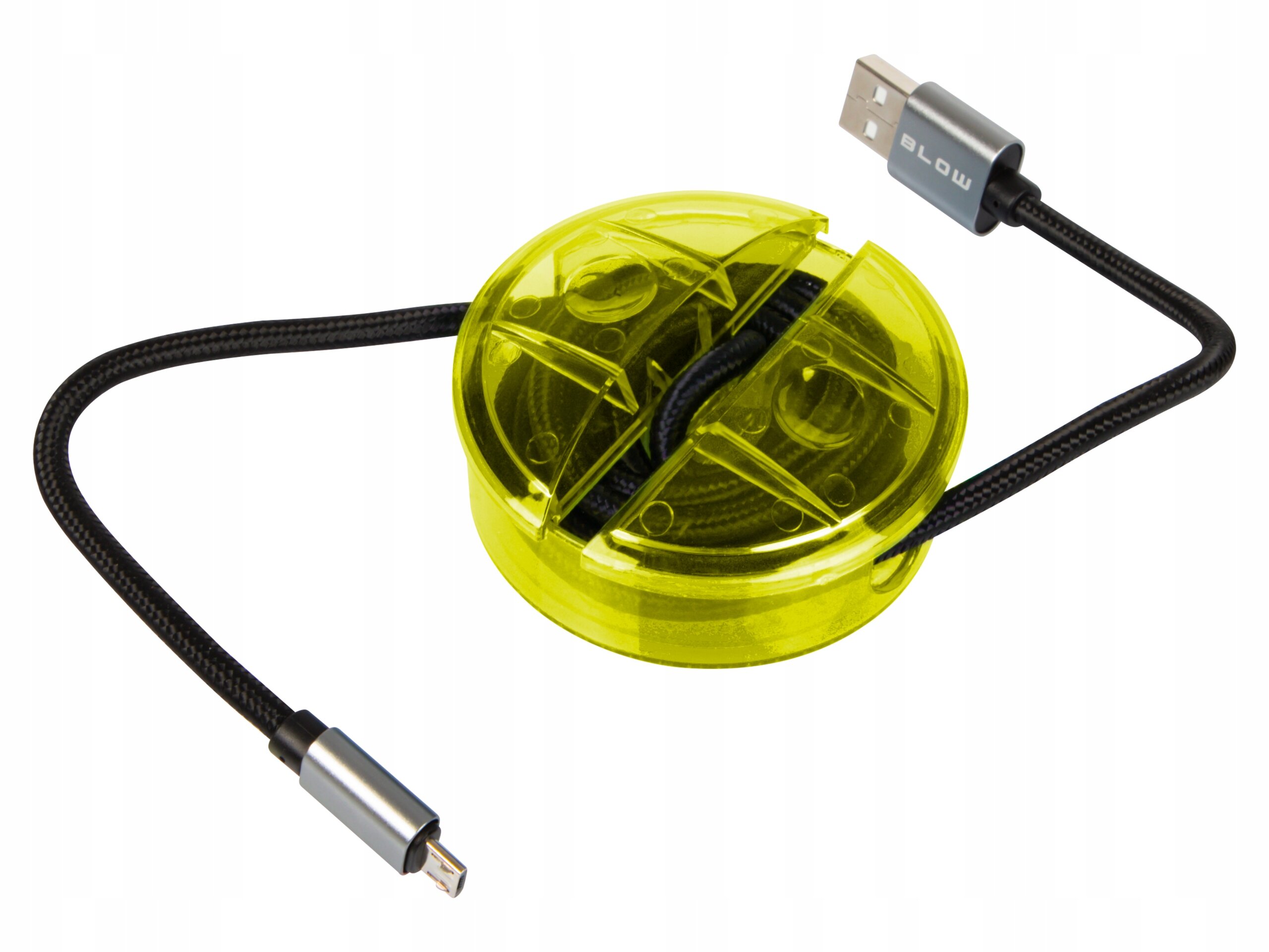 Na zdjęciu widoczny jest żółty organizer do kabli z nawiniętym czarnym przewodem, zakończonym złączem USB z napisem \'BLOW\'.