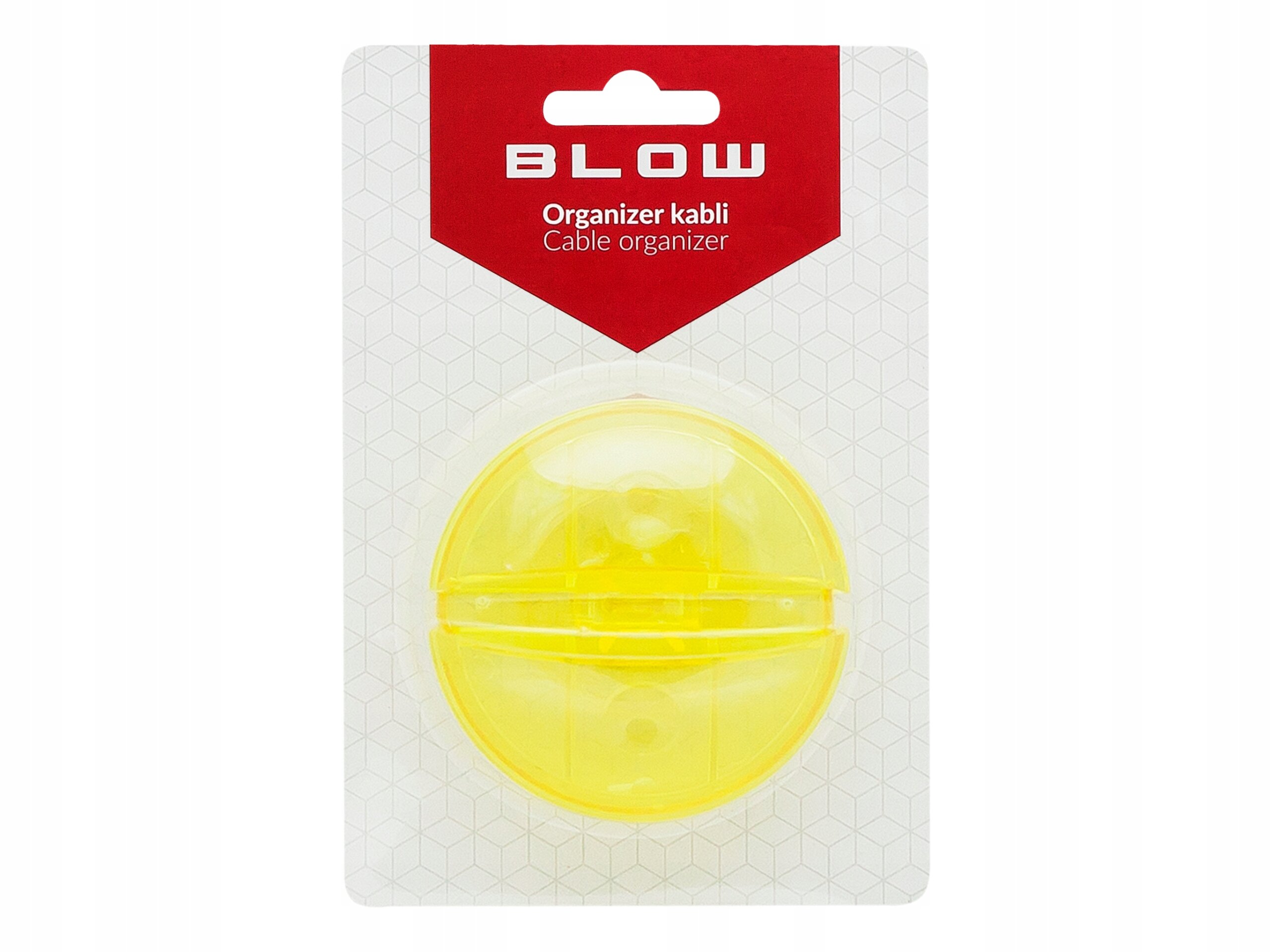 Na obrazie znajduje się żółty organizer do kabli w kształcie kuli, umieszczony na tle opakowania z czerwonym logo \'BLOW\'. Widoczny jest tekst: \'Organizer kabli Cable organizer\'.