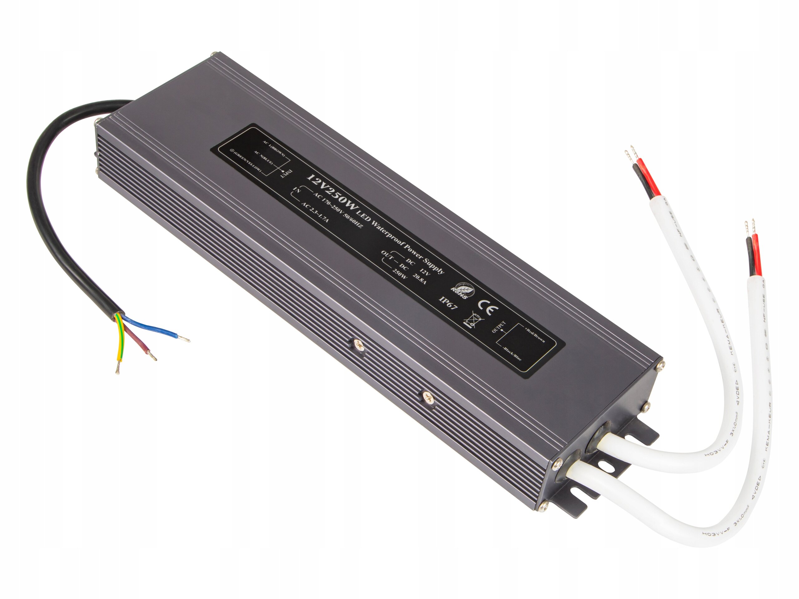 Prostokątny, szary zasilacz z widocznymi kablami i oznaczeniami na obudowie. Na obudowie widoczny jest tekst: \'12V 360W LED Waterproof Power Driver\'.
