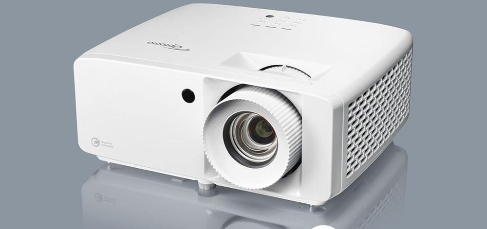 Projektor laserowy OPTOMA ZH451 jasny obraz 4000 lumenów Full HD, projektor na szarym tle