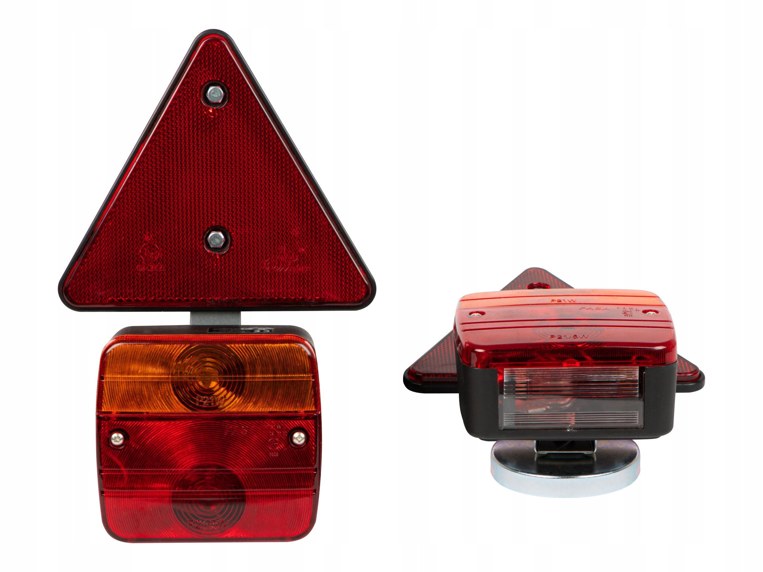 Na obrazie widoczne są dwa elementy zestawu lamp do przyczepy: trójkątna czerwona lampa oraz prostokątna lampa z czerwonym i pomarańczowym światłem. Oba elementy mają przezroczyste sekcje i są umieszczone na białym tle.