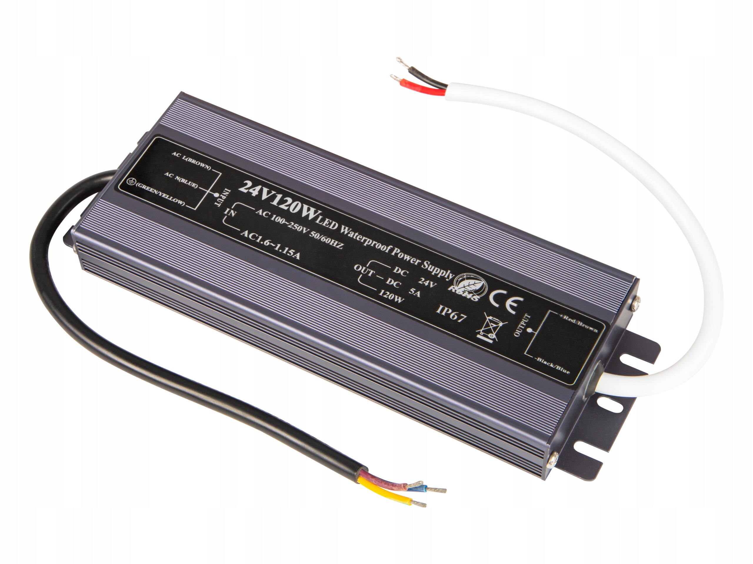 Na obrazie widoczny jest zasilacz LED z oznaczeniami: \'24V 120W LED Waterproof Power Supply\', \'AC 100-250V 50/60Hz\', \'OUT: DC 24V 5A 120W\', \'IP67\'. Zasilacz ma metalową obudowę i dwa przewody z kolorowymi końcówkami.