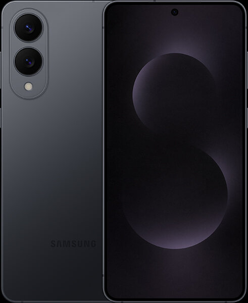 Smartfon w kolorze czarnym z dwoma aparatami z tyłu i ekranem z okrągłym wycięciem na aparat przedni. Na obudowie widoczne jest logo \'SAMSUNG\'.
