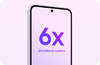 Fioletowy Galaxy A37 5G: „6x ulepszeń systemu”. 6 aktualizacji OS i 6 lat aktualizacji zabezpieczeń. Na obrazie widoczny jest smartfon z wyświetlaczem, na którym znajduje się napis \'6x Aktualizacji systemu\'. Tło jest jasnoróżowe, a obudowa telefonu ma zaokrąglone krawędzie.