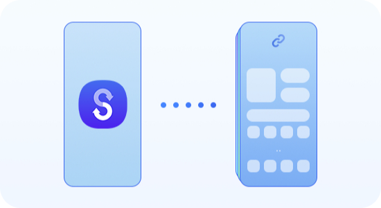 Smartfon z ikoną Smart Switch przesyła dane do innego telefonu, pokazując wiele warstw informacji na ekranie. Grafika przedstawia dwa smartfony obok siebie, połączone kropkami. Na ekranie pierwszego telefonu widoczna jest ikona z literą \'S\'.