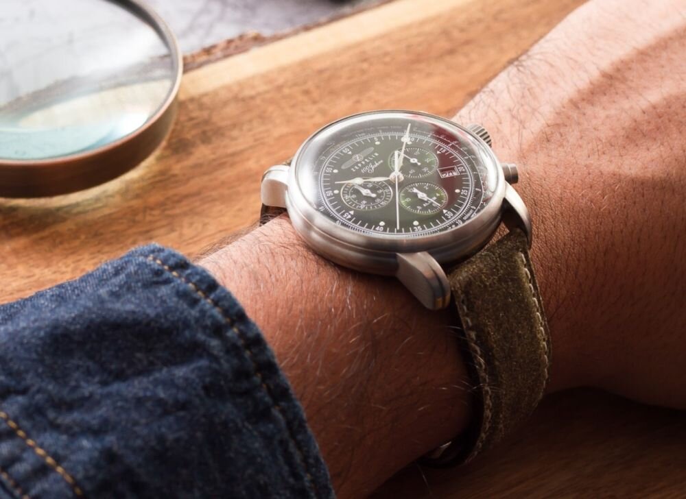 Zeppelin 100 Jahre 8680 zegarek męski styl lotniczy retro elegancki chronograf tachymetr