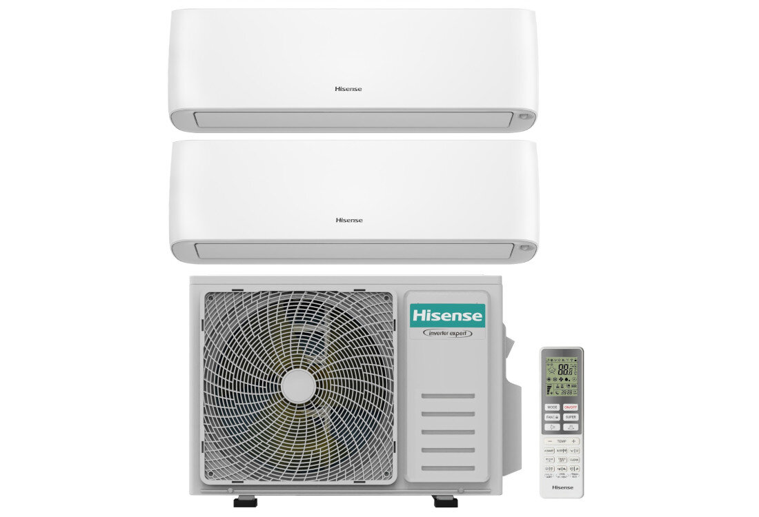 Klimatyzator Multi Split, Pompa ciepła powietrze - powietrze HISESNE 2AMW52U4RXC QE25XV4EG QE35XV4EG (2 pomieszczenia) zdjęcie lifestyle Zestaw do dwóch pomieszczeń do jednoczesnej obsługi dwóch pomieszczeń 1 jednostka zewnętrzna, 2 jednostki wewnętrzne pilot zdalnego sterowania