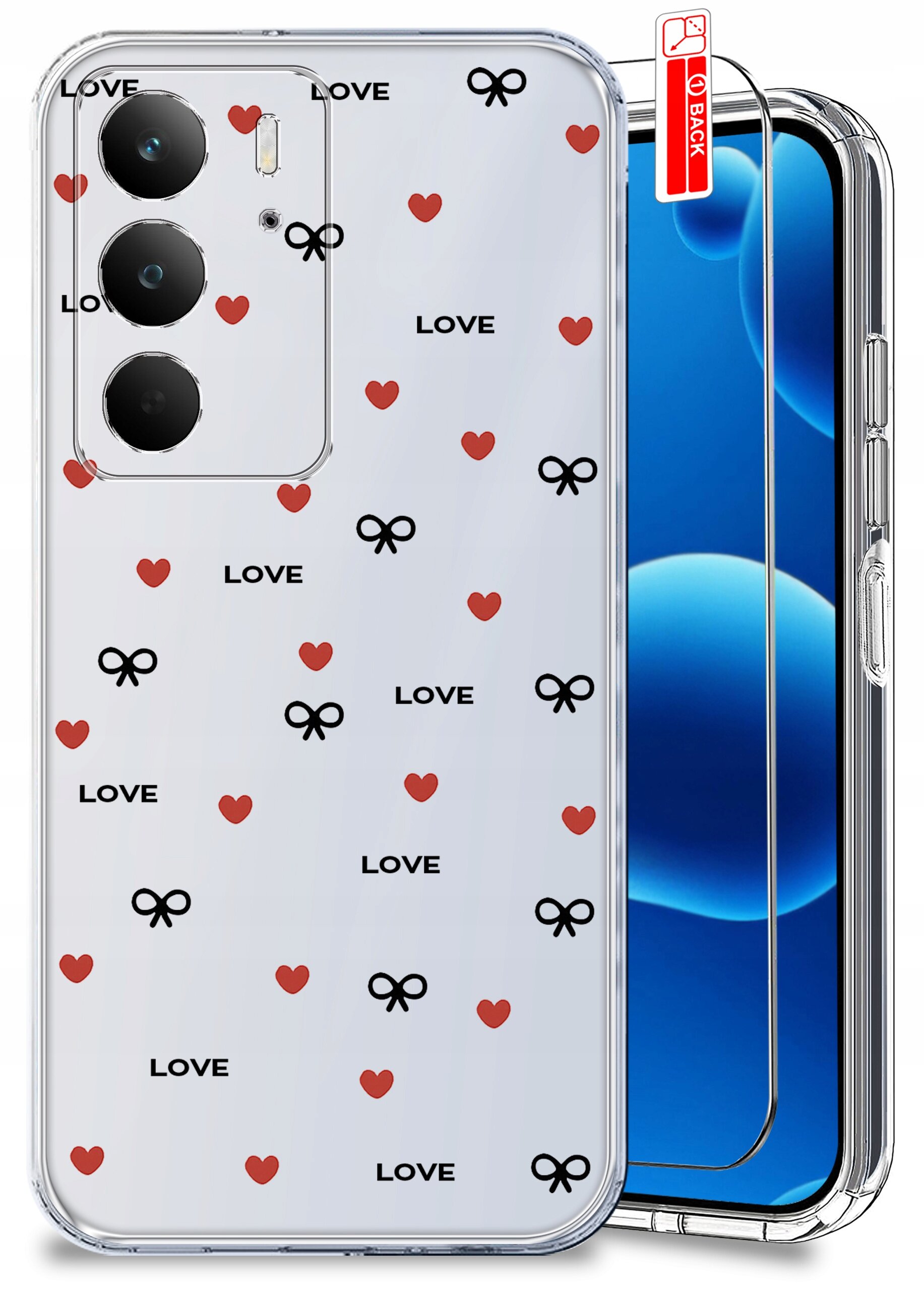 Przezroczyste etui na telefon z wzorem czerwonych serc, czarnych kokardek i napisem \'LOVE\'. Obok etui znajduje się szkło ochronne z czerwoną naklejką \'BACK\'.